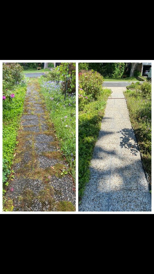 Vorher-Nachher-Collage eines gereinigten Gartenwegs im Vorgarten.