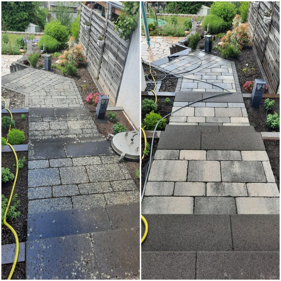 Vorher-Nachher-Collage eines modernisierten Gartenwegs mit neuer Pflasteroptik.