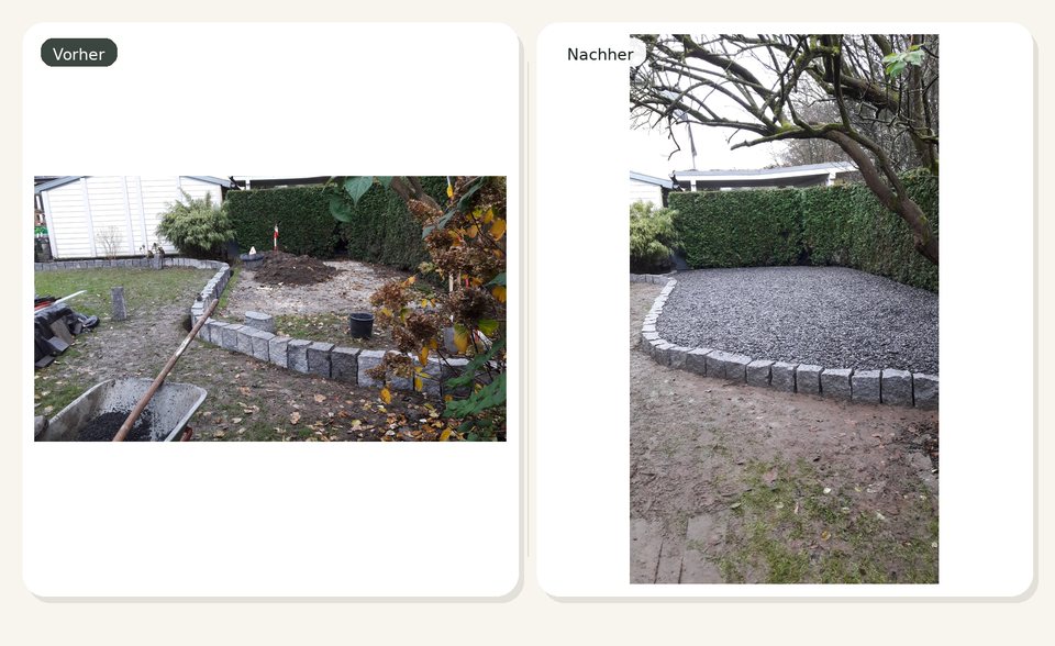 Vorher-Nachher-Vergleich einer neu angelegten Kiesfläche mit Granitkante im Garten.